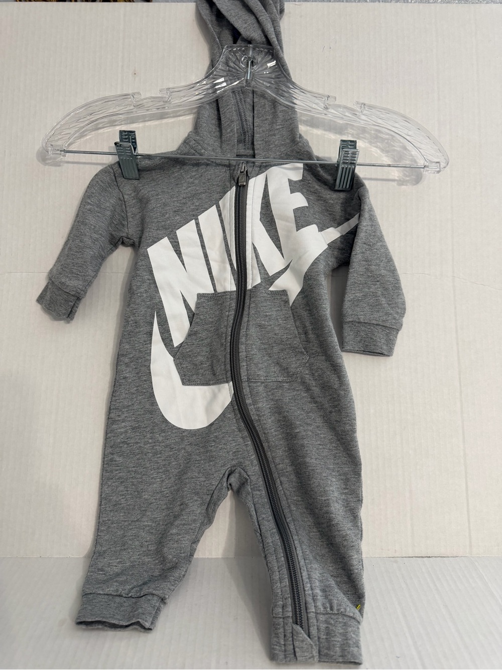 Nike Grey Hooded Infant Zip One-Piece with White Logo